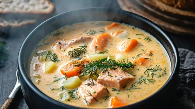 Hearty salmon chowder with fresh dill garnish and steaming vegetables