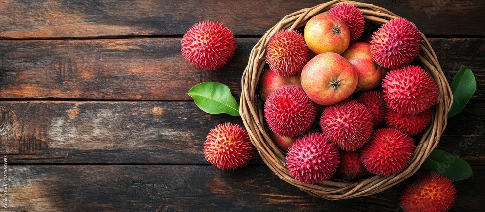 Poster vibrant top view of rose apples and rambutan in a wicker basket on a rustic wooden table surrounded 