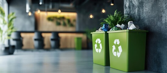 Modern indoor recycling station featuring green bins with recycling symbols surrounded by indoor plants, industrial decor, and motion blur effect.