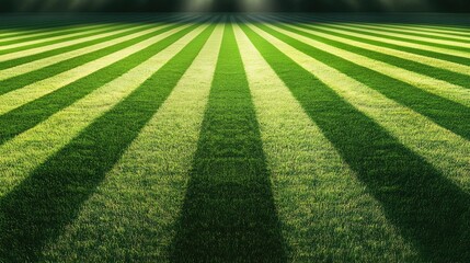 Obraz premium Aerial panorama of grasslands with crisscross mowing lines, glowing under the soft light of a sunny day.