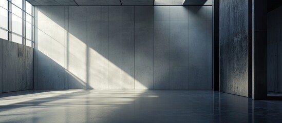 Obraz premium Minimalist industrial warehouse interior with blank gray walls and sunlight casting shadows, creating a serene distraction-free environment.