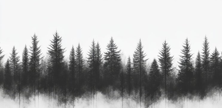 Misty forest treescape, panoramic view, grayscale, nature print - Powered by Adobe