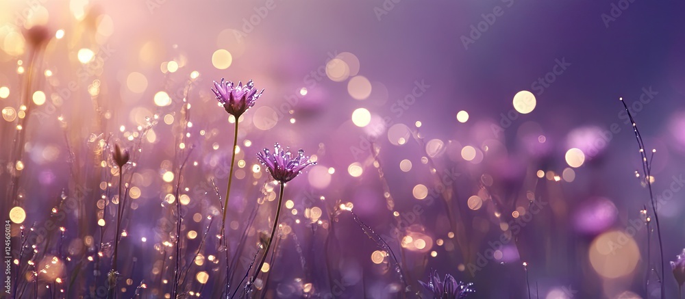 Poster delicate meadow flowers with dew drops in soft purple hues, creating a dreamy bokeh effect on a blur