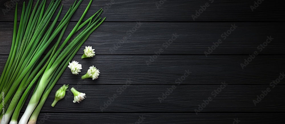 Poster vibrant green spring onions laid out on a dark wooden surface creating an appealing flat lay with sp
