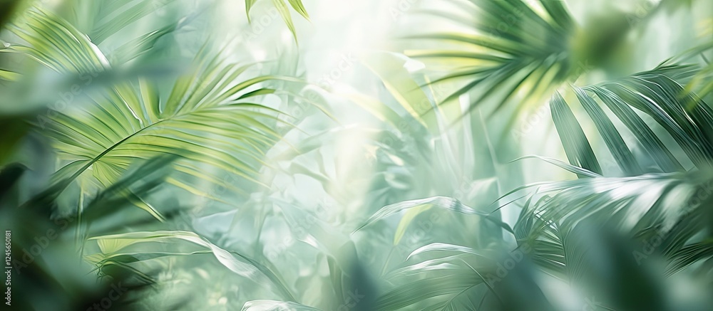 Aufkleber Serene light green abstract background with blurred tropical foliage and soft light creating a tranquil atmosphere in lush greenery.