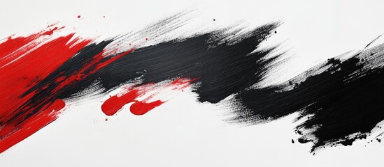 Vibrant abstract artwork featuring dynamic black and red brush strokes on a crisp white background showcasing bold contrasts and textured layers