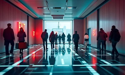 A futuristic emergency evacuation scenario, where illuminated floor pathways and holographic exit signs guide people safely out - Powered by Adobe