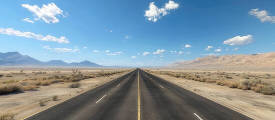 Vast desert highway under a clear blue sky with fluffy white clouds stretches into the horizon, symbolizing freedom and adventure.