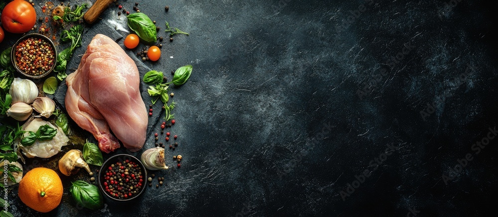 Poster raw chicken fillet surrounded by colorful vegetables, fresh herbs, and spices on a dark textured sto