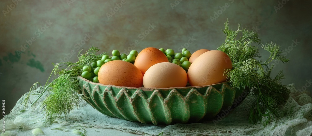 Aufkleber rustic bowl with green peas and brown eggs arranged artistically on a textured surface with warm mut