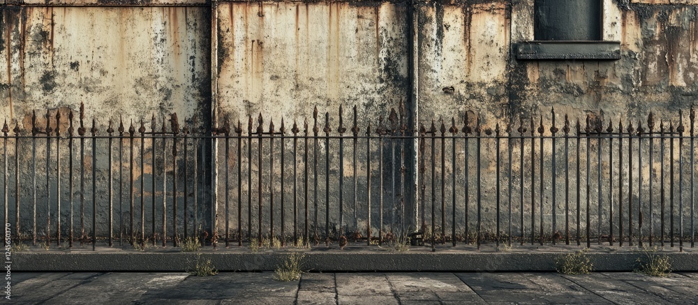 Poster Weathered industrial building with rusty textures in the background features a black metal fence in front creating a striking urban contrast.