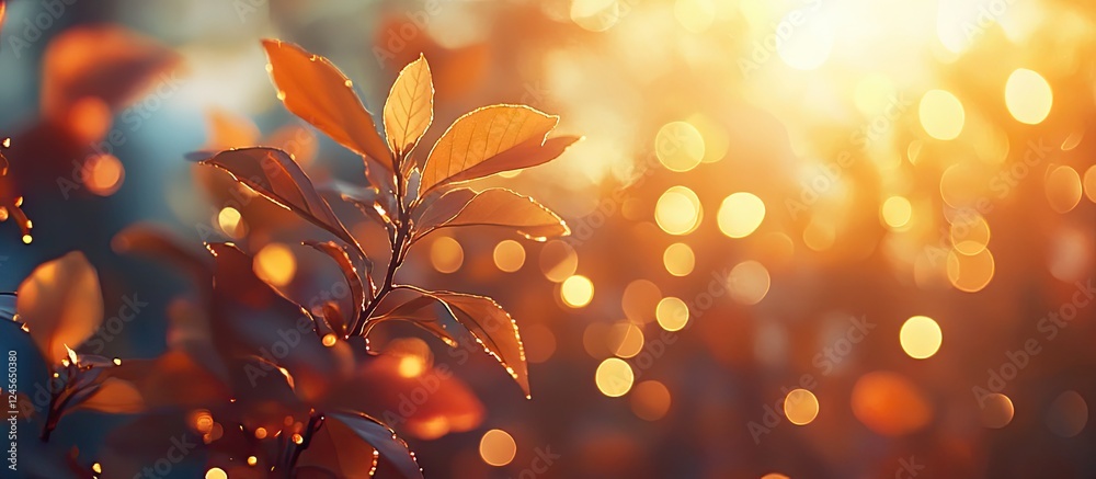 Poster autumn leaves in warm orange and golden hues softly illuminated by sunlight creating a dreamy bokeh 