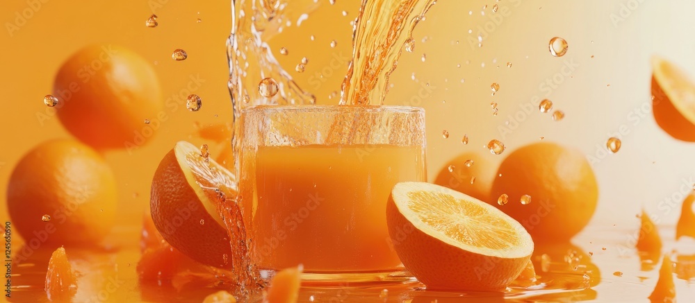 Poster vibrant orange background with fresh orange juice splashing into a glass surrounded by oranges creat