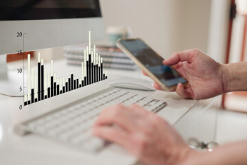 Businessman touch investment growth graph chart and analysing growth achievement diagram data...
