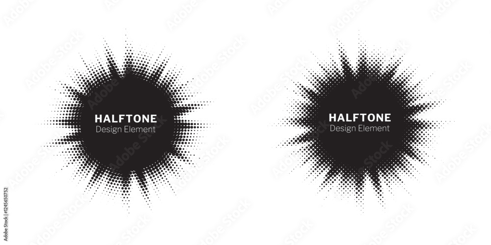 Poster Halftone circle frame background set. Round border Icon using halftone random circle. Grunge circular stain. Vector illustration.