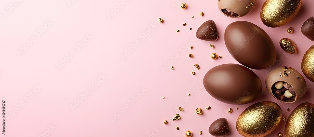 Poster assorted chocolate eggs and praline candies in varying shades of brown and gold on a soft pink backg