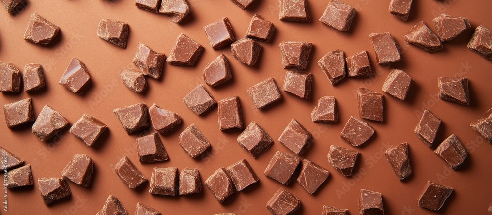 Poster rich cocoa chocolate cereal pieces scattered on a smooth light brown background, showcasing their te