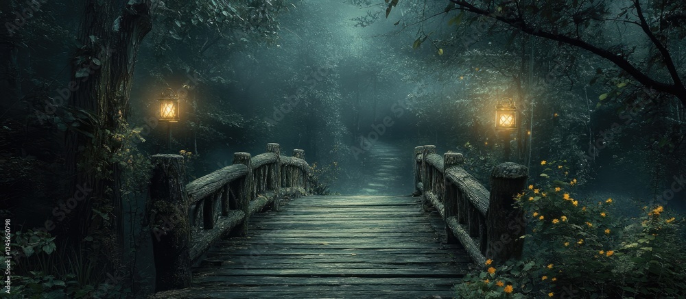 Aufkleber wooden bridge entrance leading into a dark enchanting forest surrounded by mist and atmospheric ligh