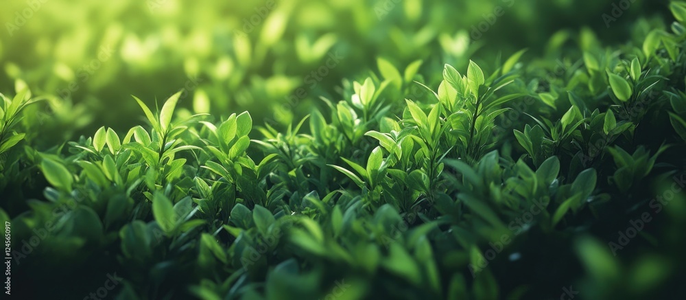 Poster lush green foliage with sunlight glimmering on the leaves creating a refreshing spring atmosphere id