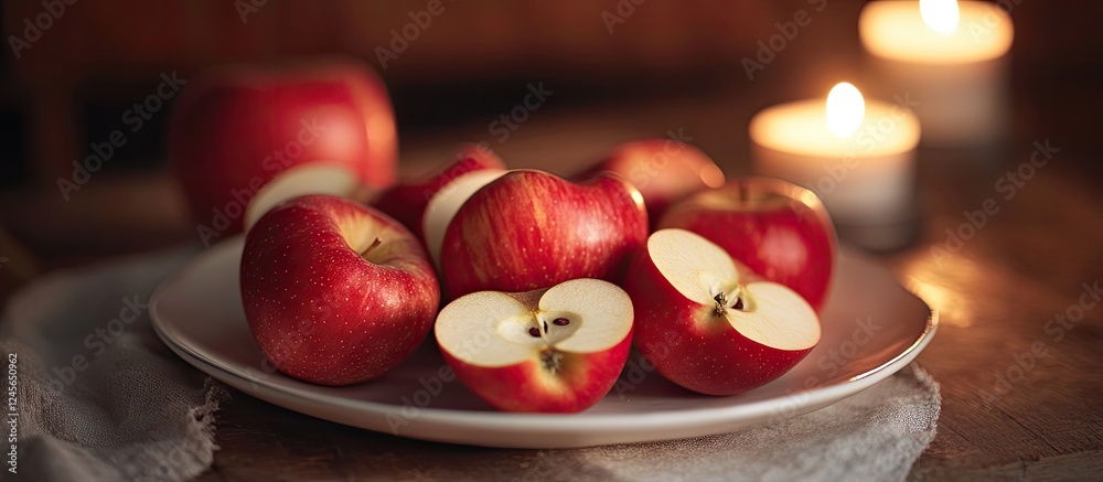 Poster red apples and sliced apple halves on a white plate, softly illuminated by candlelight, creating a w