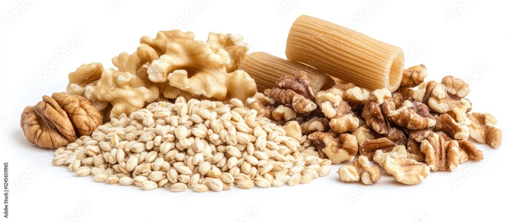 Poster nuts and rolled barley scattered on a white background with a clean layout showcasing walnuts and ba