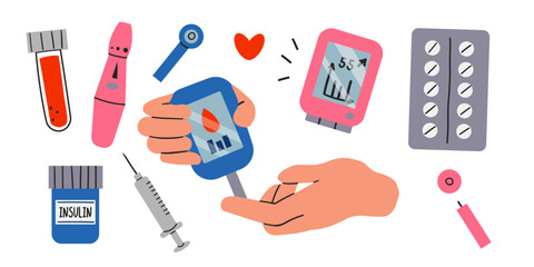 Diabetes management concept set. Collection of people check and monitor blood sugar level with glucometer, insulin pump, glucose monitors. Hands hold various diabetes devices. Vector illustration