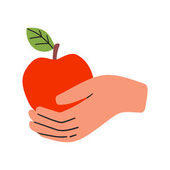 Hand with apple icon . Fruit healthy diet vitamins , no sugar health life vegetarian food . Hand drawn doodle flat illustration isolate on white.