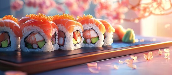 Sushi selection on a dark wooden platter featuring vibrant orange salmon and assorted fillings with pink cherry blossoms in soft background light