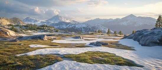 Expansive landscape with melting snow patches on the left and center, showcasing seasonal transition with green grass and rocky terrain under soft light.