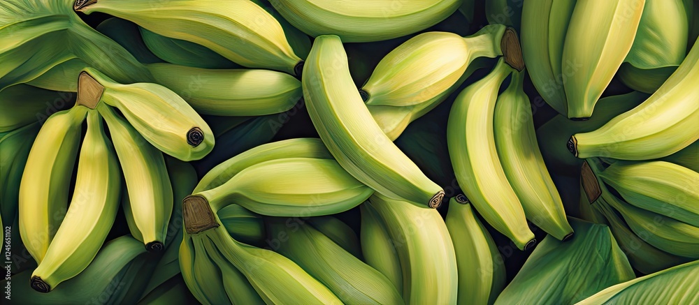 Poster vibrant green bananas stacked in a pile with varying shades of green and detailed textures surrounde