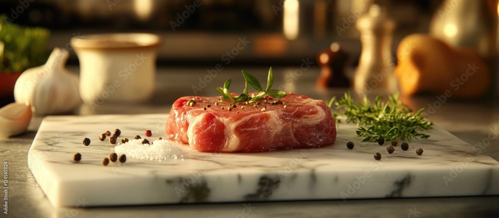Poster fresh pork chops on a marble cutting board with salt and pepper scattered around, enhanced by herbs 