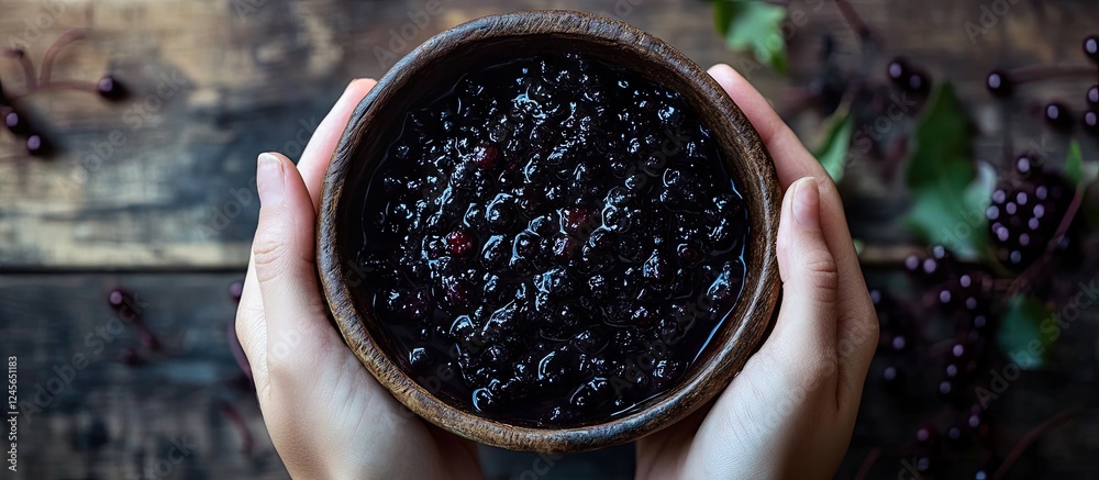 Poster bowls of black berries held in hands on a dark wooden table with green leaves scattered around creat