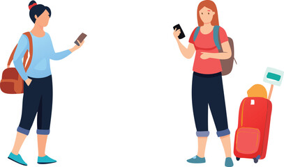 Two women, one with a light blue shirt and dark pants, the other in a red shirt and dark pants, are depicted in a casual, travel-oriented illustration.