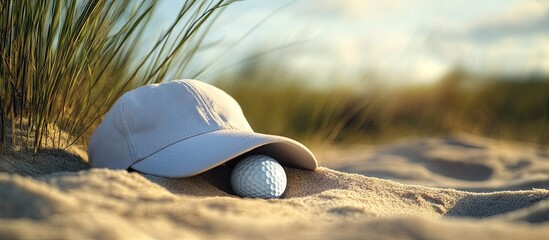 Golf cap resting beside a golf ball in a sandy trap surrounded by gentle grasses reflecting a calm and serene moment on the golf course