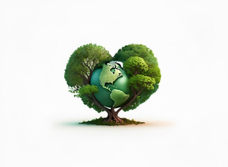 A heart shaped tree with lush green leaves cradles a green and blue globe, symbolizing love and care for our planet and nature. A conceptual image for environment and ecology.