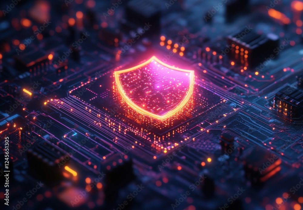 Poster vibrant abstract digital shield design on circuit board background representing cybersecurity and da