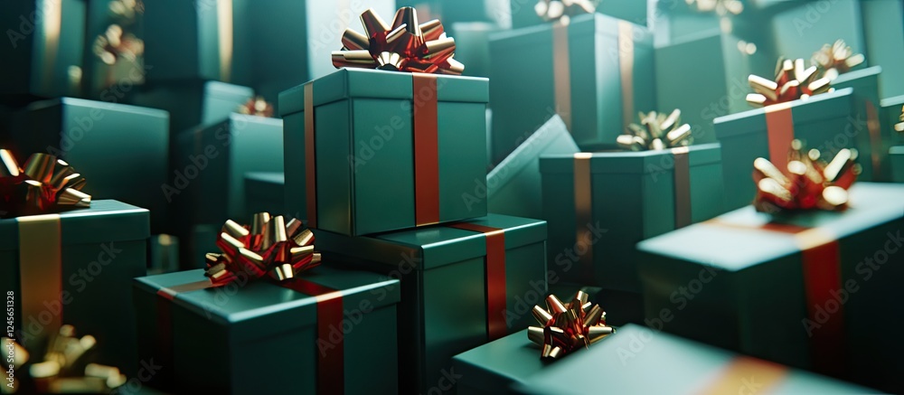 Poster glossy teal gift boxes with gold ribbons stacked in a creative tower against a soft focus green back