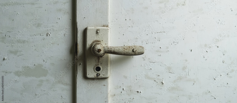 Poster rustic door handle on a weathered white door with peeling paint positioned to the left of the frame,