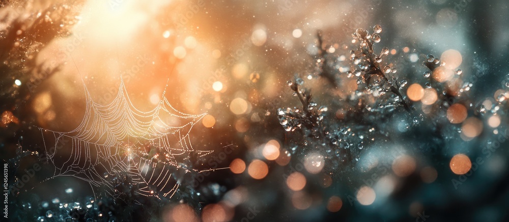 Aufkleber macro shot of a dew-covered spiderweb glistening in soft golden light against a blurred background o