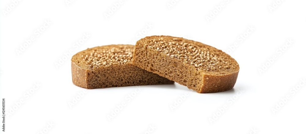 Poster halved rye bread slices on a white background feature a rich brown color and unique texture showcasi