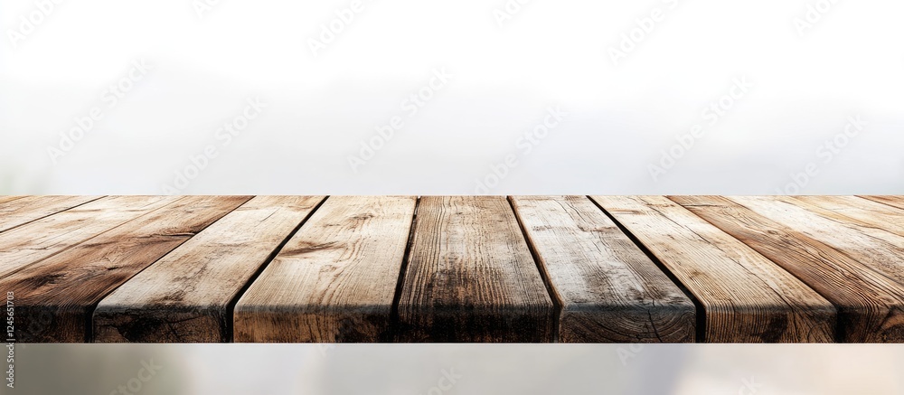 Poster Wooden tabletop with rustic texture in foreground against a soft blurred white kitchen wall, creating a tranquil and minimalistic atmosphere