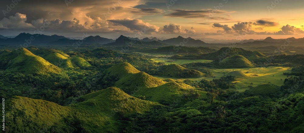 Poster Vibrant evening sunset over lush green hills with panoramic mountains in the background and open countryside creating ample space for text.