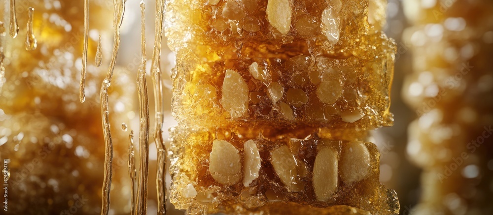 Poster delicious golden honey almond granola bars stacked vertically showcasing a glossy texture with visib