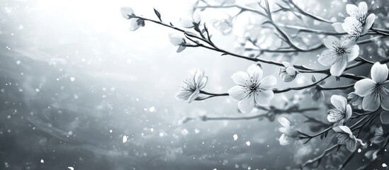 Soft white cherry blossom flowers gracefully branch out across a dreamy gray background with subtle bokeh effects and light speckles.