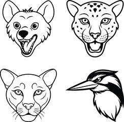 Animal Head Illustrations: Hyena, Cheetah, Panther, Kingfisher - Line Art Collection