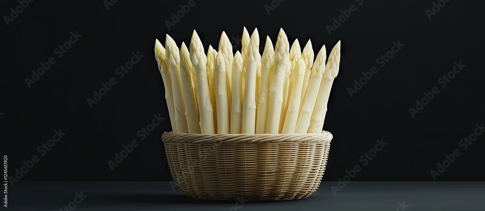 Poster white asparagus arranged in a woven basket against a dark background highlighting their pale color a