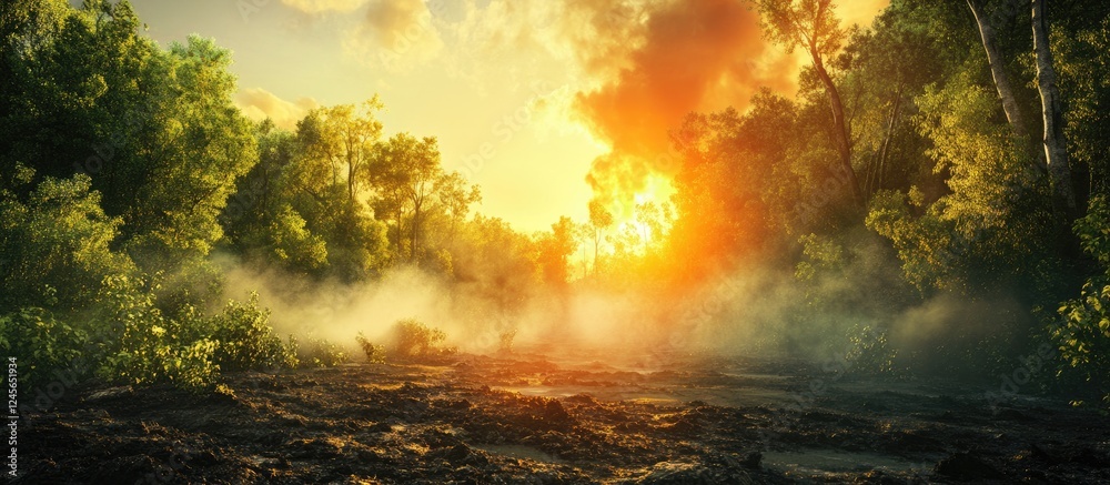 Poster sunset in a lush forest with vibrant orange and yellow hues enveloping the scenery, showcasing a jou