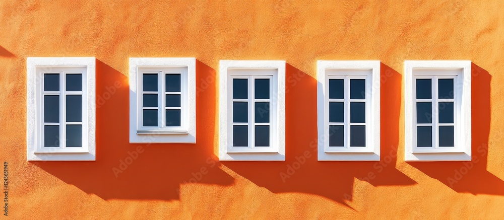 Poster five white windows aligned horizontally on a bright orange background with soft shadows beneath, cre