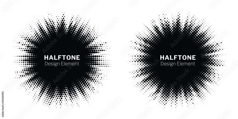 Poster Halftone circle frame background set. Round border Icon using halftone random circle. Grunge circular stain. Vector illustration.