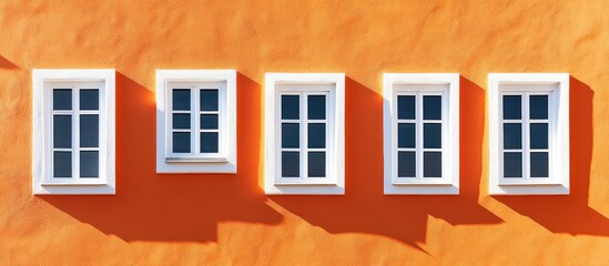 Obraz premium Five white windows aligned horizontally on a bright orange background with soft shadows beneath, creating a vibrant and striking visual composition.